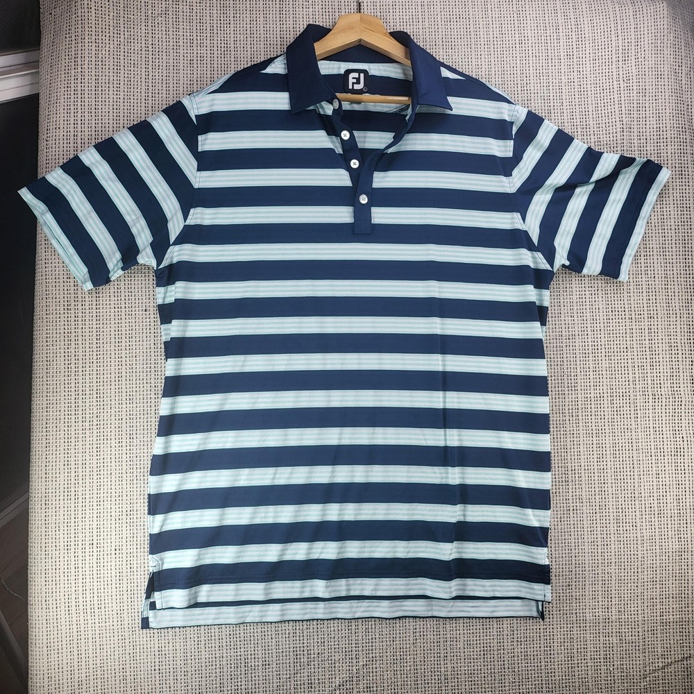 FootJoy Polo Shirt Mens Large Navy Aqua Striped Golf FJ Logo Performance Stretch